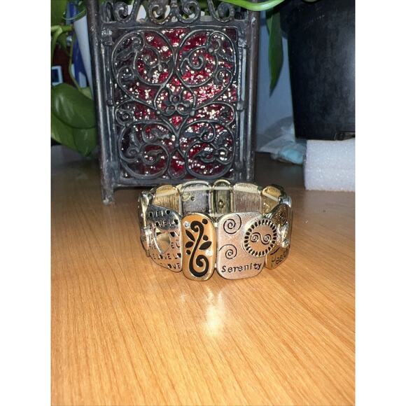 SPIRITUAL LOVE FAMILY JOY HEALTH SERENITY METAL PANEL LINK STRETCH BRACELET 1002 - Picture 2 of 5